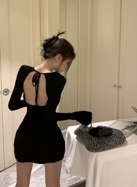 黑色气质长袖连衣裙女秋季辣妹性感露背镂空绑带裙子收腰包臀短裙