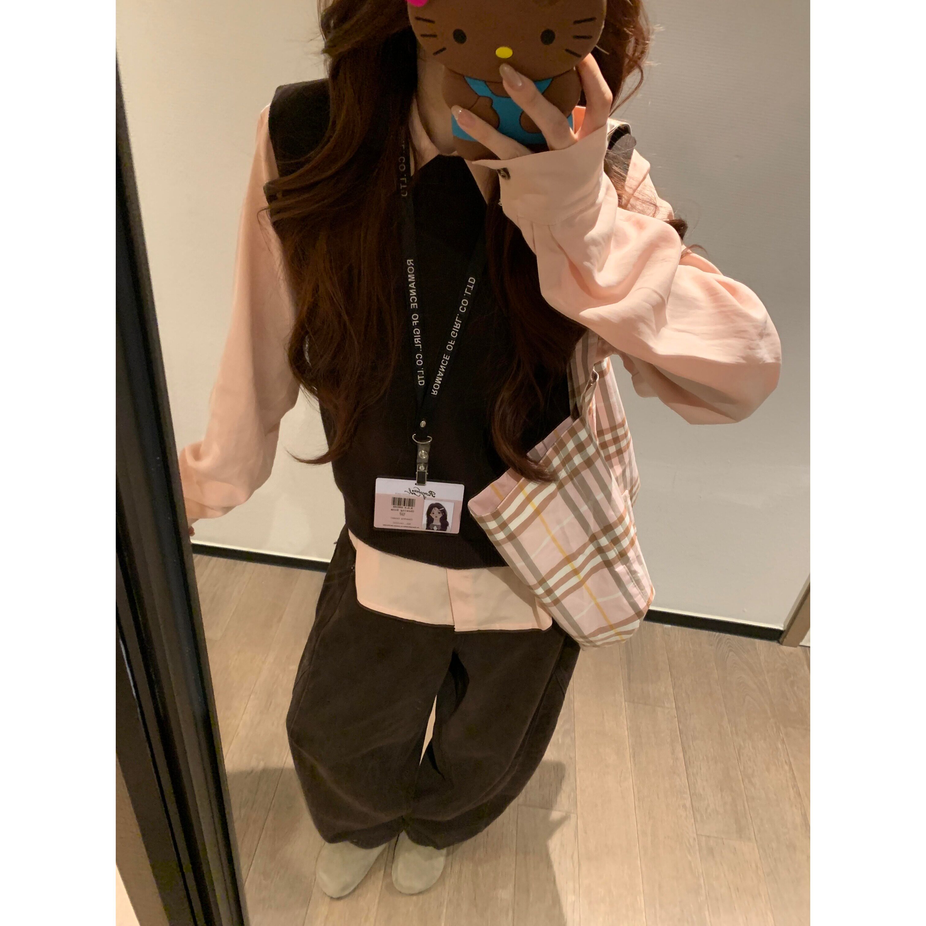 韩系时尚小个子学院风咖色针织马甲背心粉色长袖polo领衬衫两件套