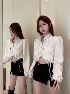 纯色立领双拉链长袖短外套女秋