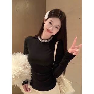 重工钉珠黑色T恤女装2024秋冬新款高领设计感修身显瘦辣妹上衣潮