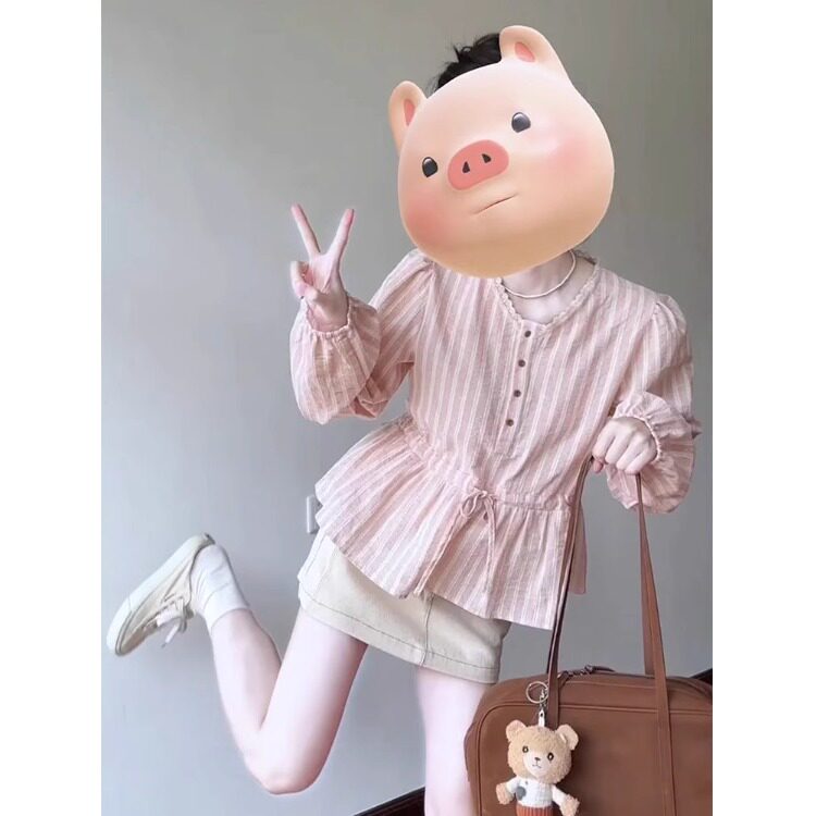 法式高级感粉色条纹花边衬衫