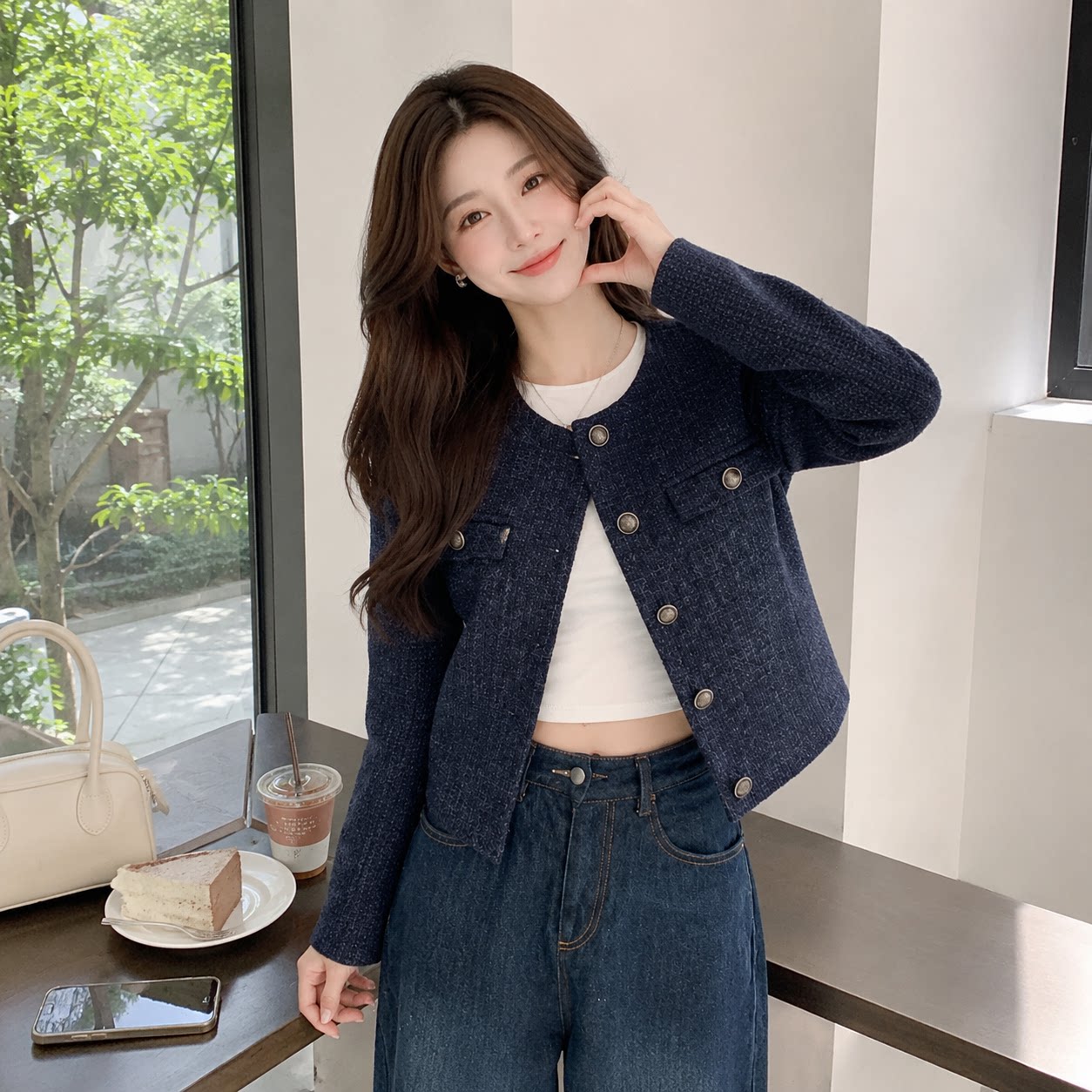 藏蓝复古短款小香风开衫女
