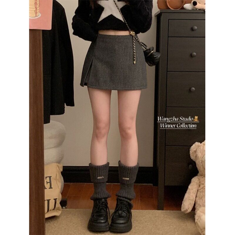 辣妹开叉半身裙2026新款韩版冬季毛呢高腰防走光显瘦短裙裙子