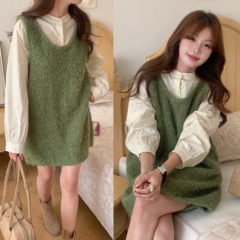 2026春季小众别致宽松印花叠穿长袖衬衫温柔风毛衣背心裙两件套装
