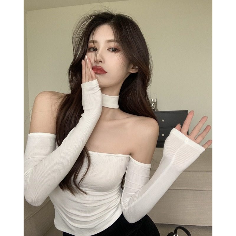 抹胸挂脖露肩T恤上衣女设计感小众纯欲风辣妹紧身性感长袖打底衫