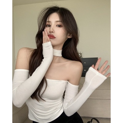 抹胸挂脖露肩T恤上衣女设计感小众纯欲风辣妹紧身性感长袖打底衫