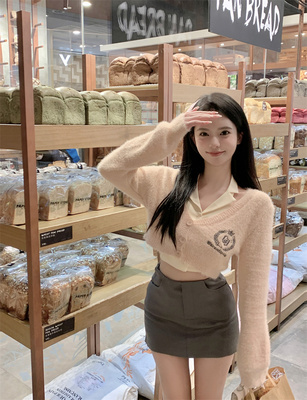 粉色v领长袖针织开衫女秋冬