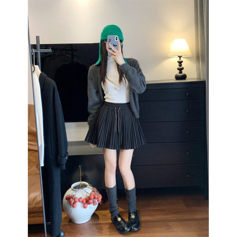 韩系少女感抽绳高腰毛呢短裙秋冬新款小个子防走光a字百褶半身裙