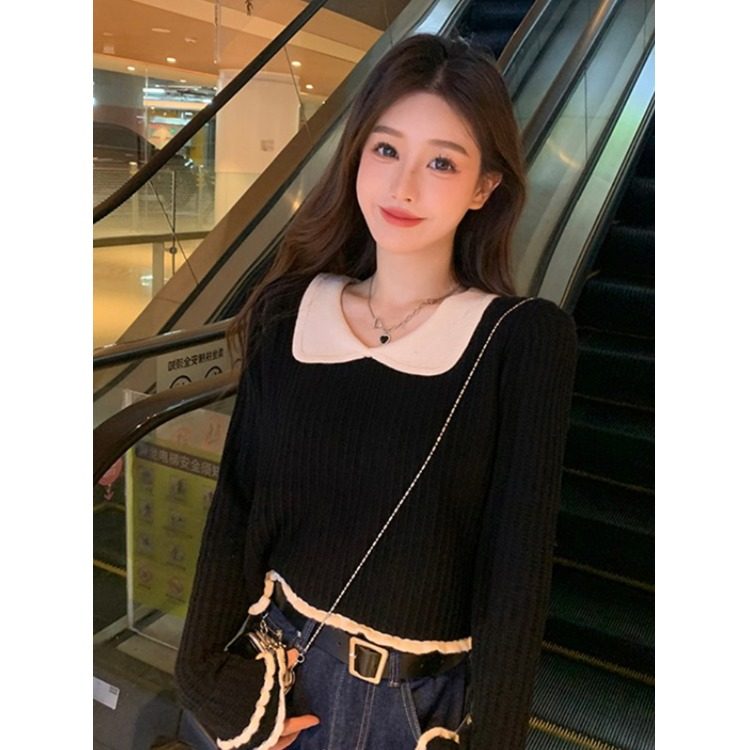 法式短款内搭小众设计感毛衣女黑色针织衫秋冬季打底衫小个子上衣