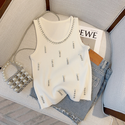 2025夏新款设计感纯欲重工钉珠镶钻修身冰丝针织吊带背心女上衣