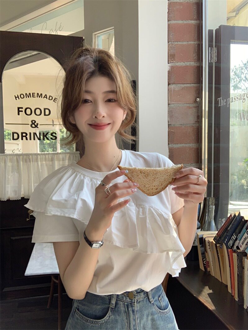 甜美气质荷叶边拼接短袖t恤女2026夏季新款小众别致显瘦短款上衣