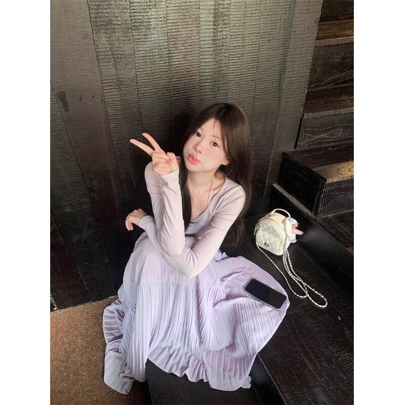 独特绝美春装小套装温柔风chic韩系V领上衣紫色百褶半身裙两件套