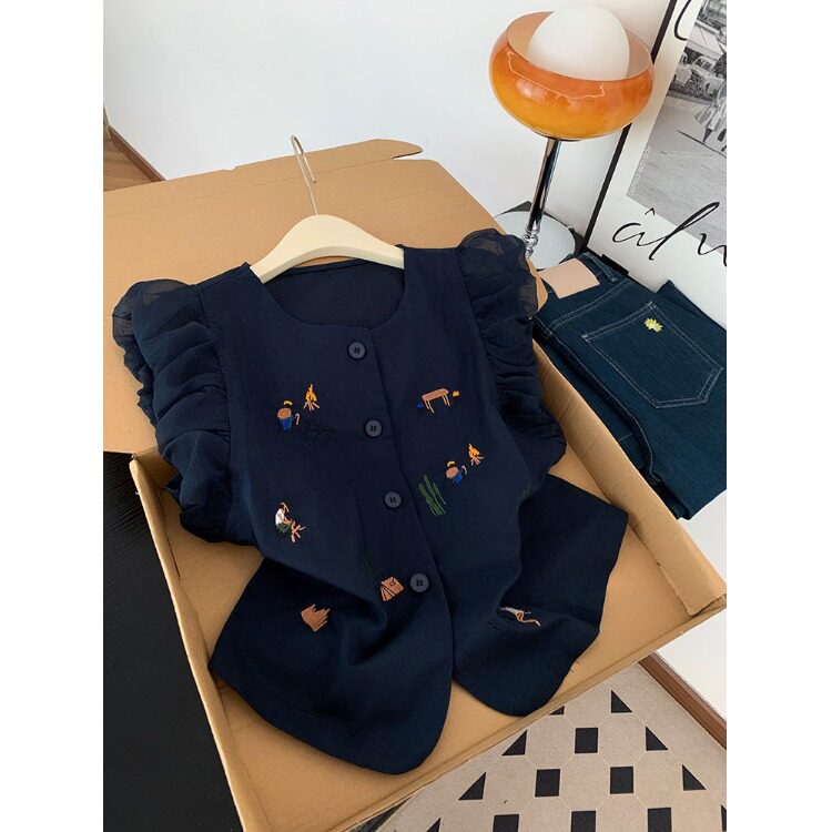 藏青色高级感卡通印花小飞袖衬衫女夏季小众设计感花苞袖小衫上衣