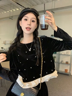 轻奢黑色丝绒拼接木耳边衬衫女秋季2024新款重工烫钻修身短款上衣