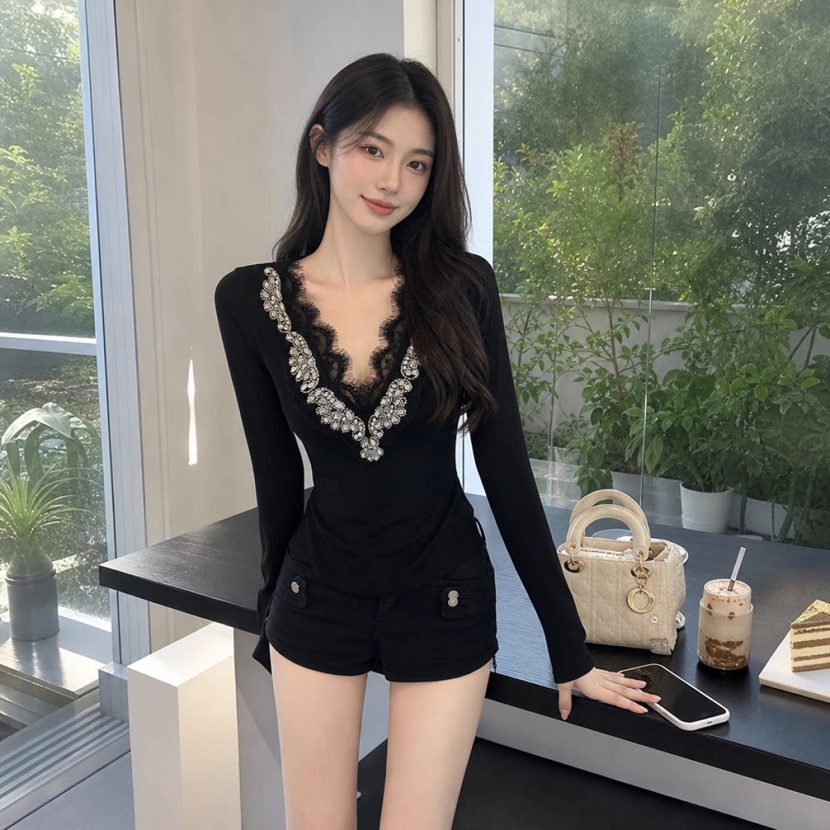 纯欲辣妹V领加绒短款打底T恤