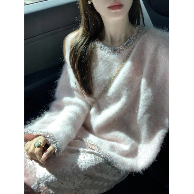 小香风粉色圆领套头毛衣女