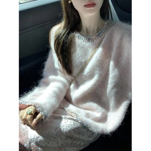 小香风粉色圆领套头毛衣女2025秋冬新款软糯慵懒风气质针织衫上衣