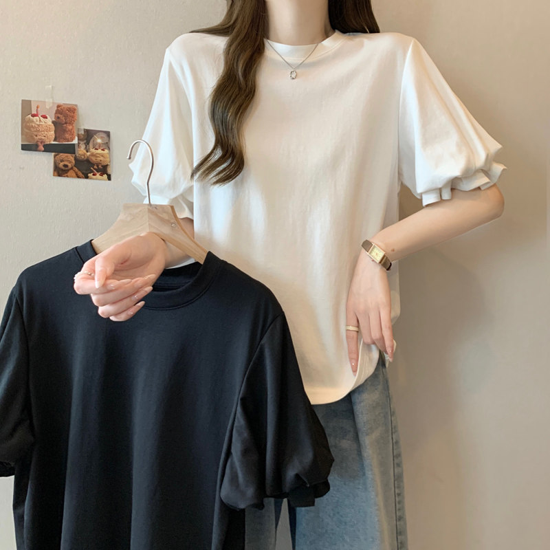 软妹甜心泡泡袖白色短袖T恤女