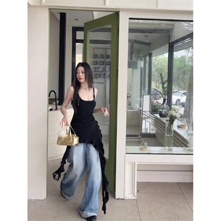 黑色辣妹性感小吊带不规则荷叶边美式甜辣收腰背心上衣女夏季外穿