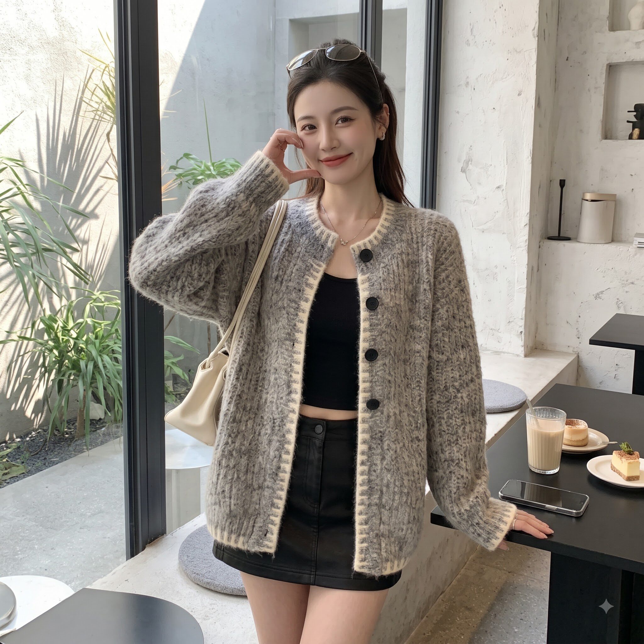 灰色慵懒风圆领棒针毛衣开衫女