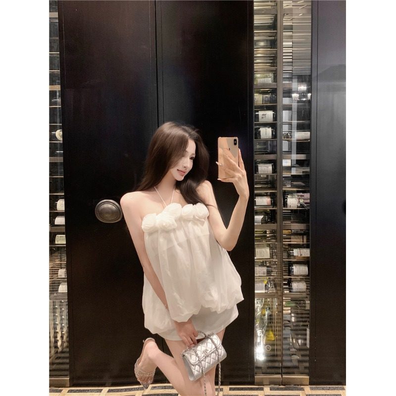 立体花朵挂脖吊带背心花苞上衣女装夏季套装包臀短裙半身裙两件套