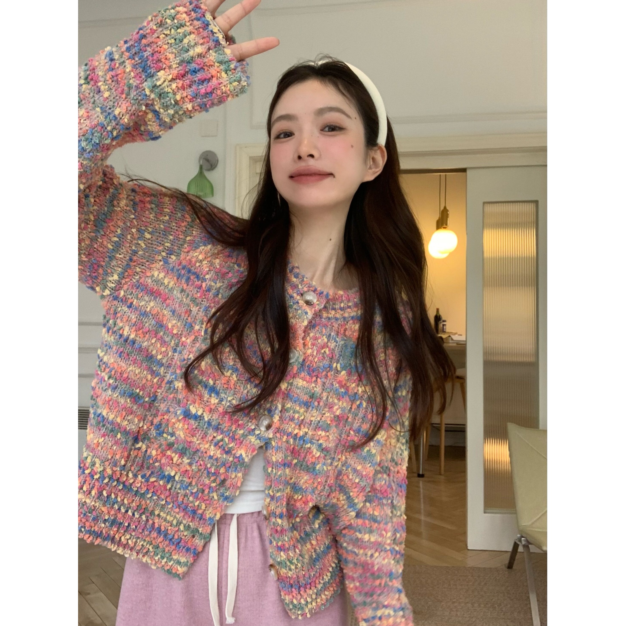 温柔风软糯彩虹针织开衫外套