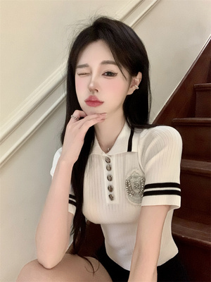 polo领冰丝针织衫短袖上衣女