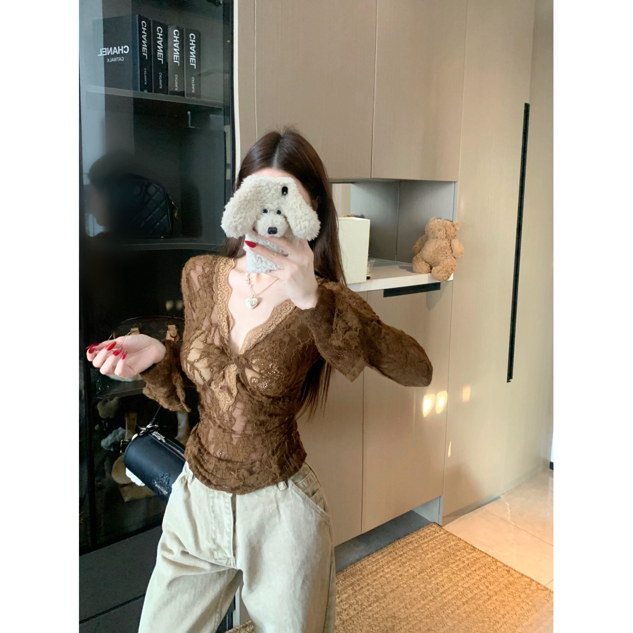 美式性感撞色拼接长袖蕾丝衫女装春季别致扭结设计感修身显瘦上衣