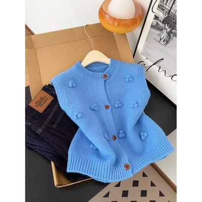 韩系蓝色立体毛球针织马甲