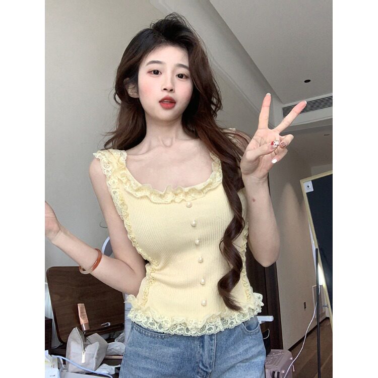 纯欲辣妹蕾丝花边吊带背心女夏外穿修身短款小众内搭无袖针织上衣