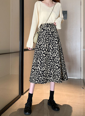 豹纹半身裙中长款女高腰a字裙显瘦包臀伞裙2023新款夏季气质半裙