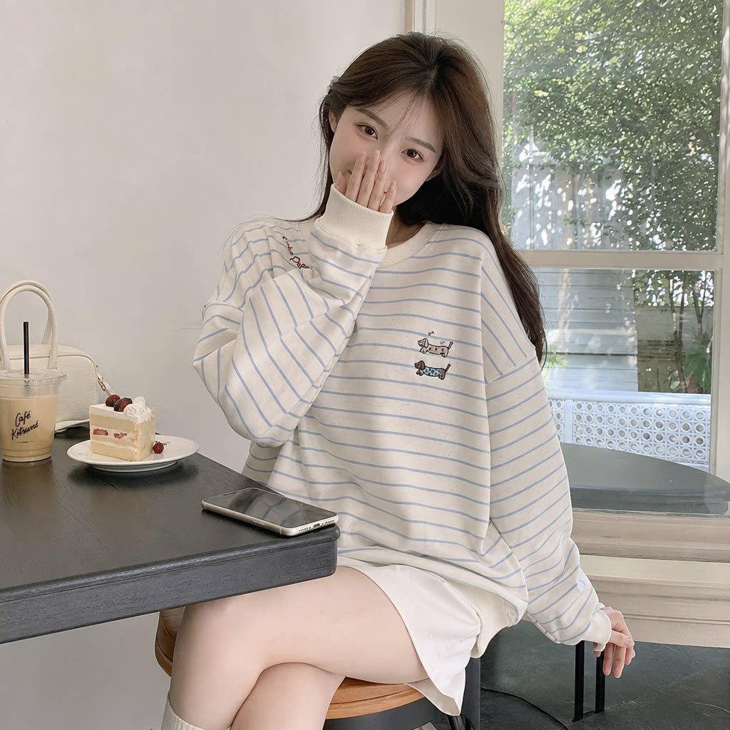 秋冬韩版小狗刺绣条纹宽松卫衣女