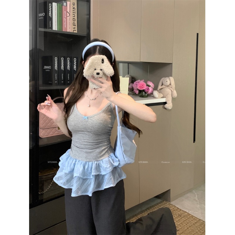芭蕾风灰色吊带小背心女夏季叠穿花边内搭打底短款甜辣妹外穿上衣