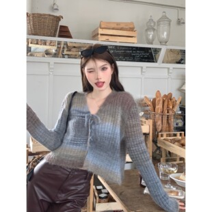 美式辣妹短款长袖针织开衫女2025新款内搭小个子v领设计感毛衣潮