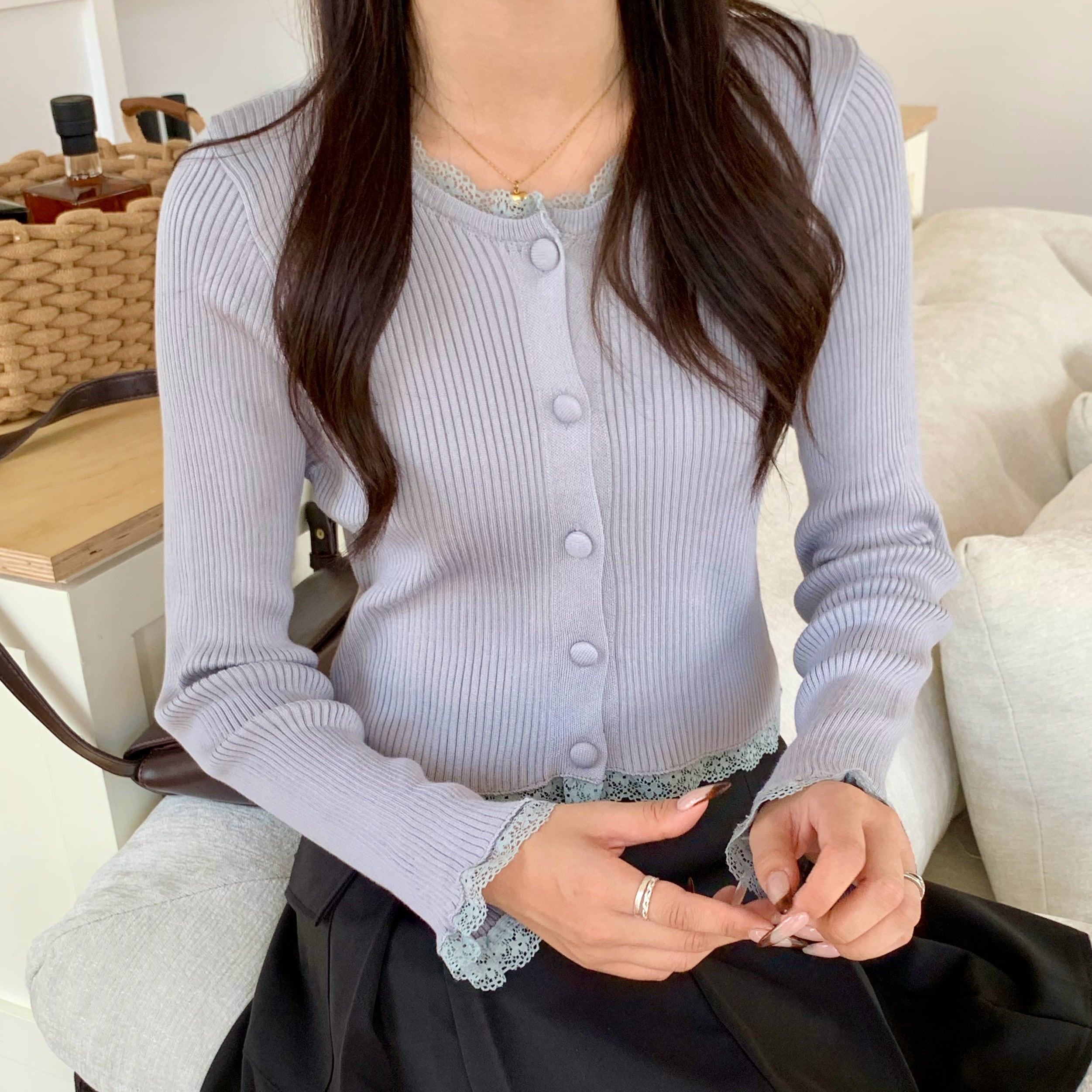 韩版复古短款早秋款蕾丝拼接单排扣修身长袖外套针织衫打底上衣女