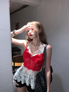 辣妹风夏季内搭V领真两件挂脖吊带背心女纯欲蕾丝修身显瘦女上衣