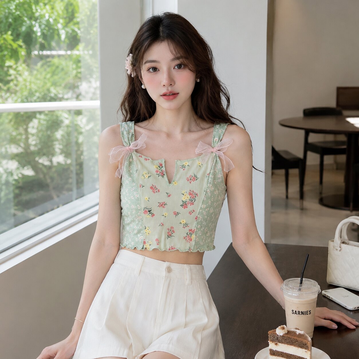 浅绿碎花V领蝴蝶结短款吊带
