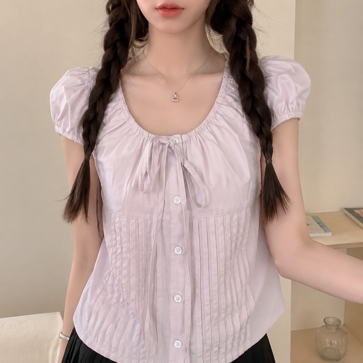 夏季泡泡袖系带短袖显瘦女衬衫