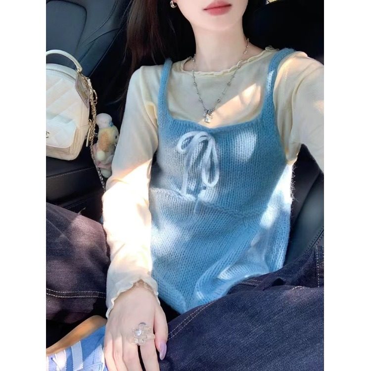 两件/套装休闲百搭通勤宽松针织衫背带马甲毛衣女搭配白色打底衫