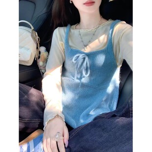 两件/套装休闲百搭通勤宽松针织衫背带马甲毛衣女搭配白色打底衫