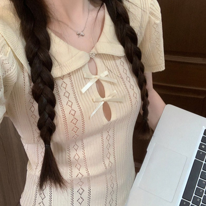 甜辣妹娃娃领针织短袖T恤女夏设计感蝴蝶结镂空小众别致短款上衣