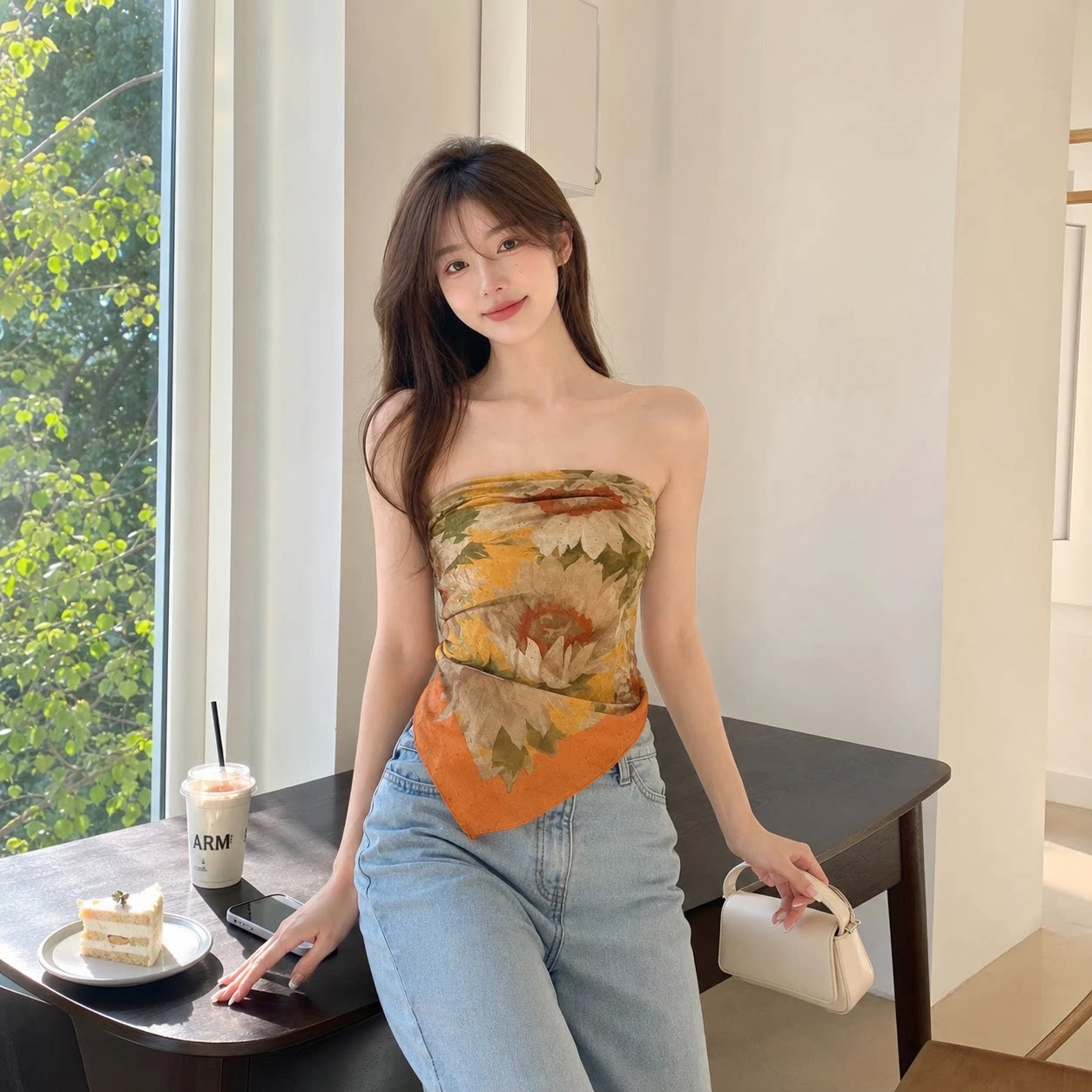 韩系油画太阳花修身尖角抹胸