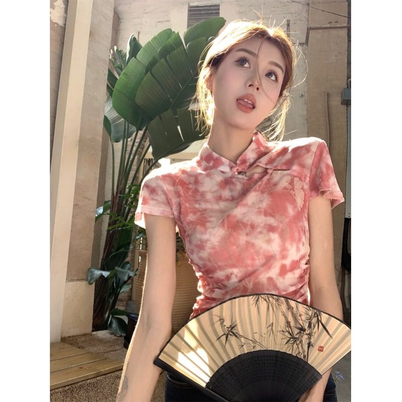 复古国风旗袍盘扣立领别致上衣甜美扎染植绒印花短款修身t恤女潮
