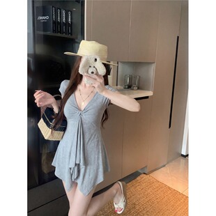 韩版扭扭T交叉扭结T恤女夏季新款不规则简约休闲风不易皱垂坠上衣