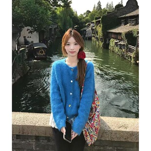 韩版高级感软克莱因蓝色针织2025开衫加厚新款长袖毛衣外套