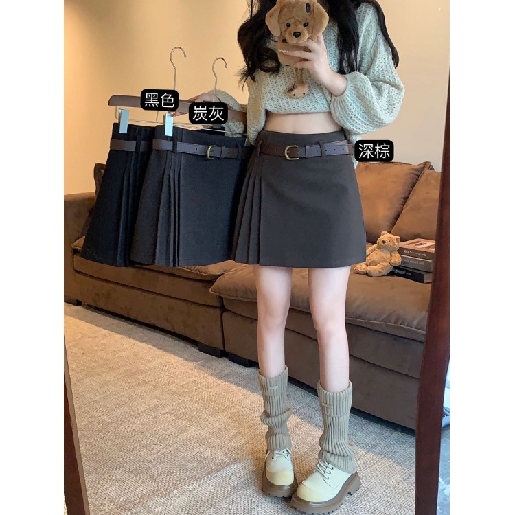 高腰灰色西装压褶短裙女显瘦遮肉小个子工装裙裤a字包臀半身裙