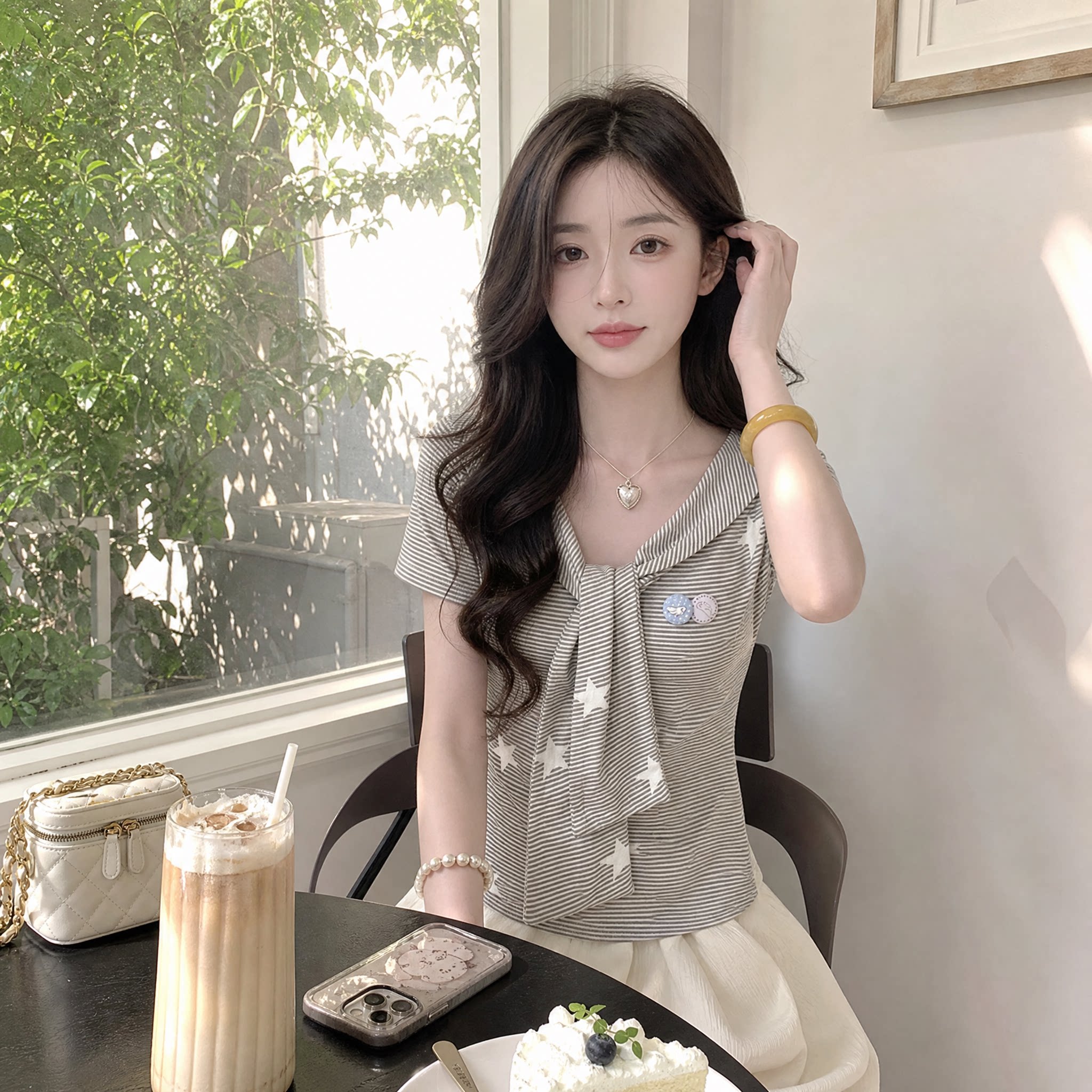 韩系纯欲条纹星星显瘦短袖T恤女