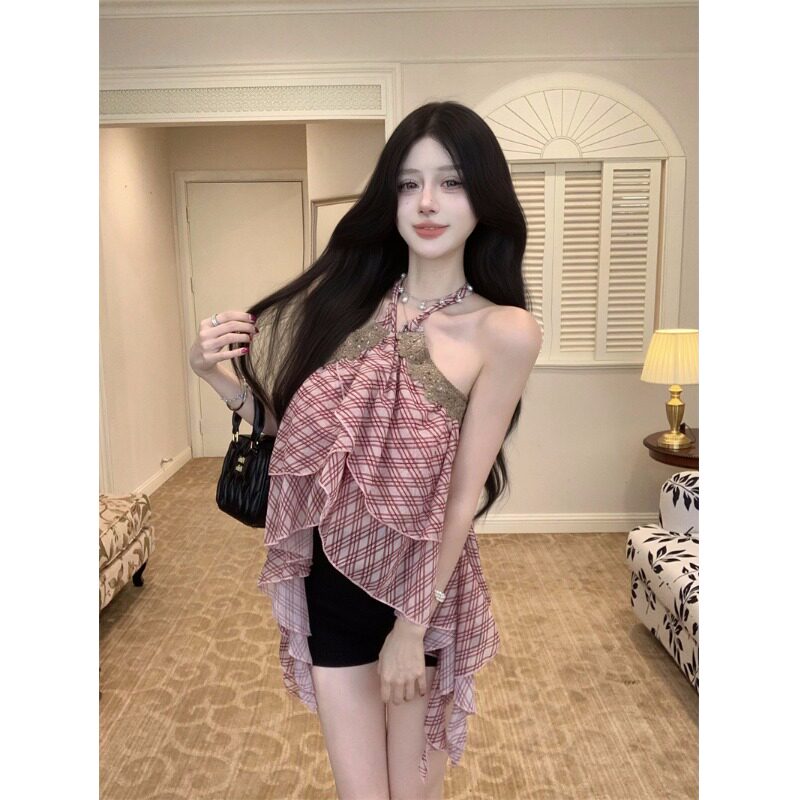 蕾丝拼接露背挂脖抹胸背心女夏季格纹宽松无袖外穿设计感辣妹上衣