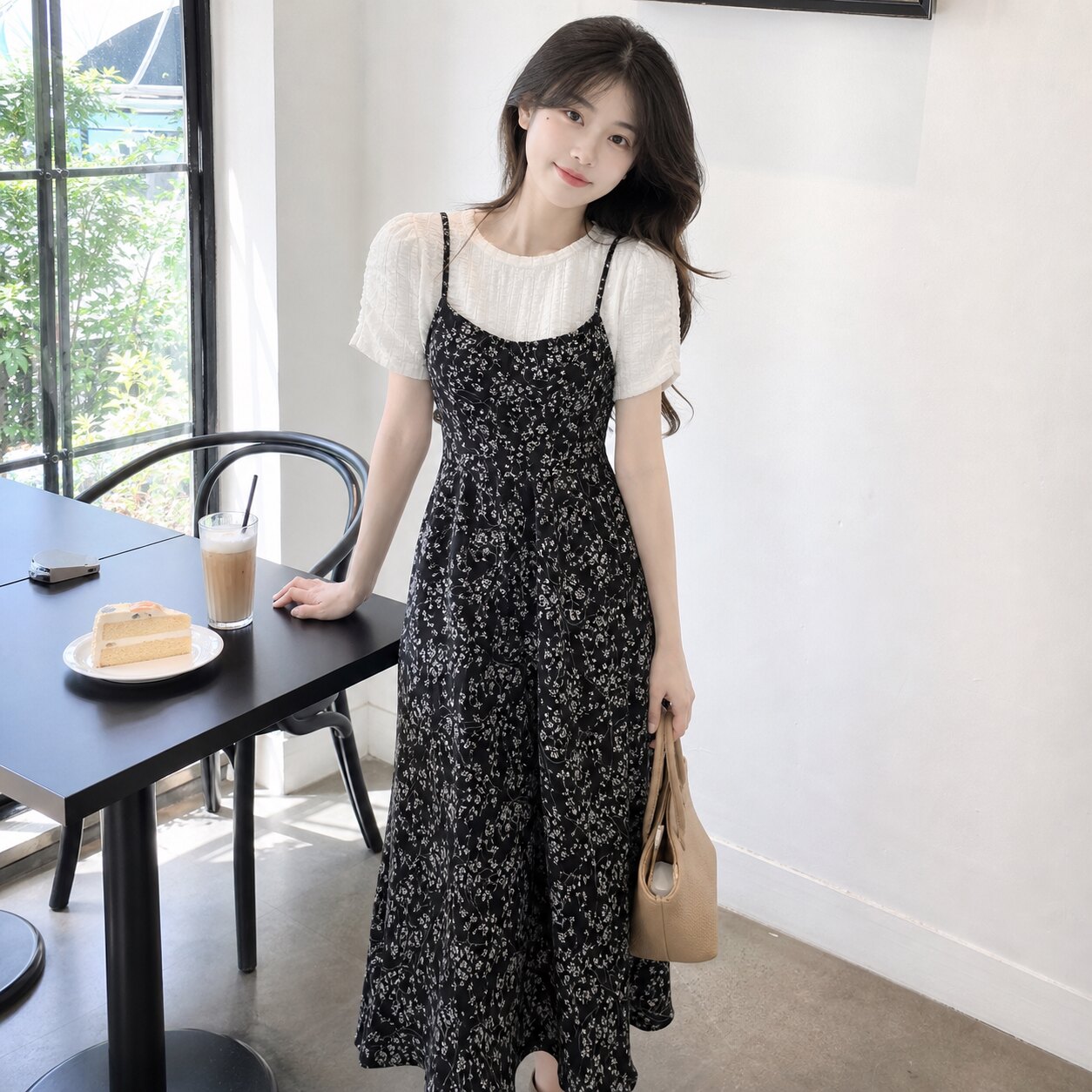 夏韩版泡泡袖蕾丝碎花吊带套装