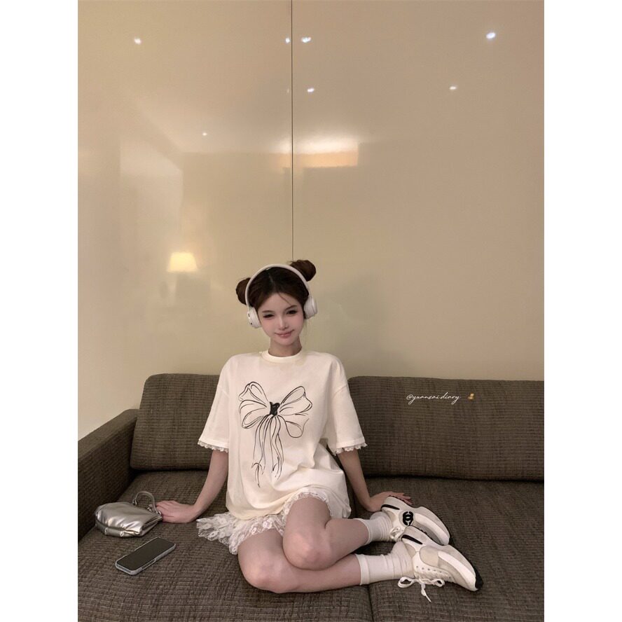 美式蝴蝶结T恤女夏季宽松设计感印花圆领短袖白色百搭上衣蕾丝